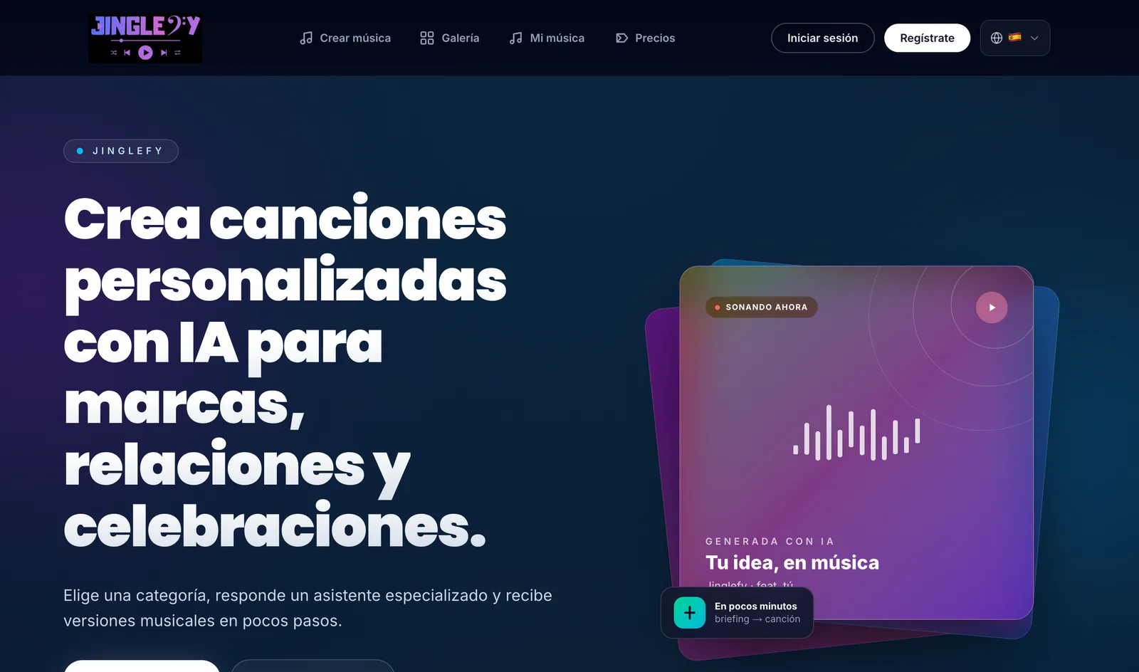 La página de inicio de Jinglefy, nuestra plataforma de jingles con IA.