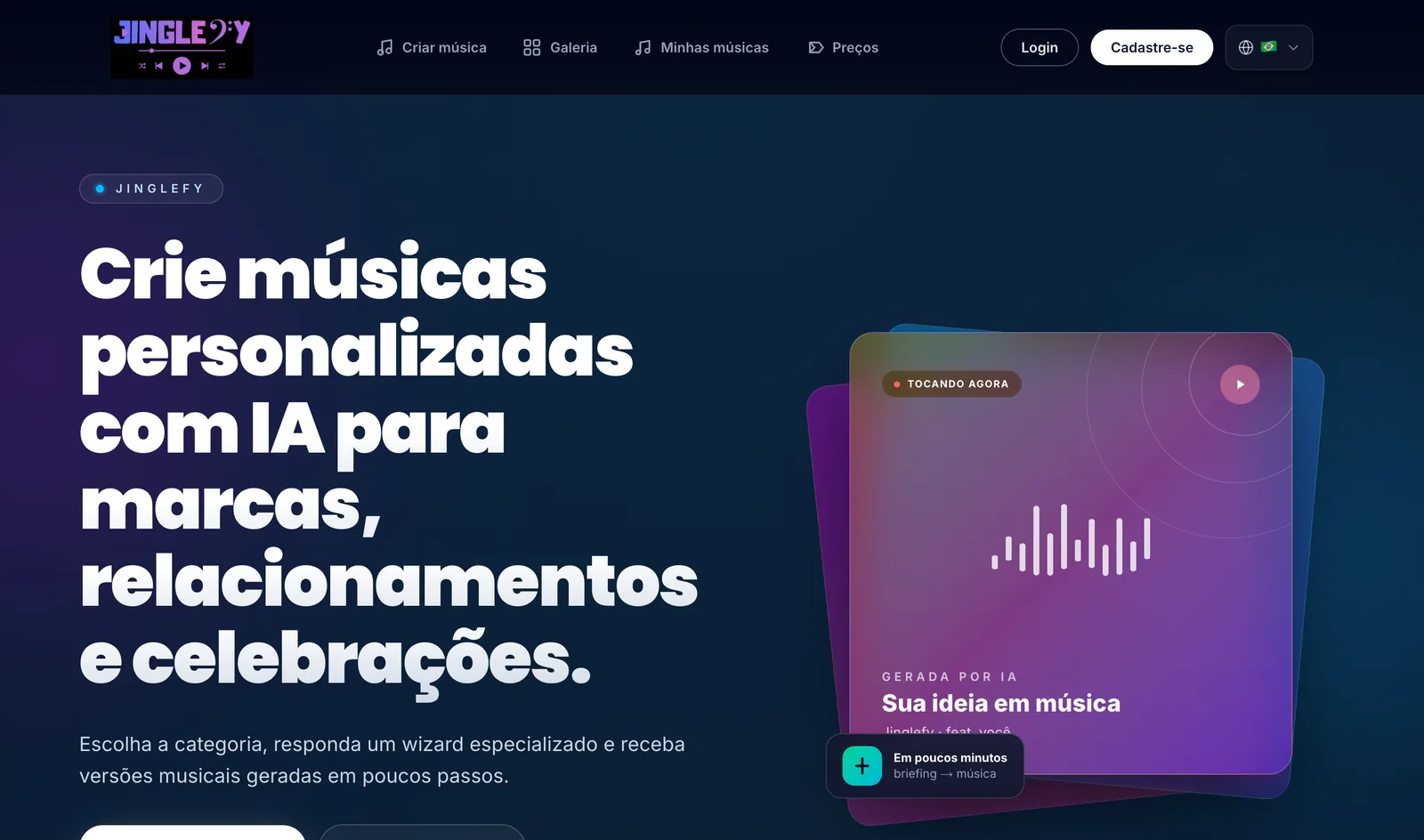 A página inicial do Jinglefy, a nossa plataforma de jingles com IA.