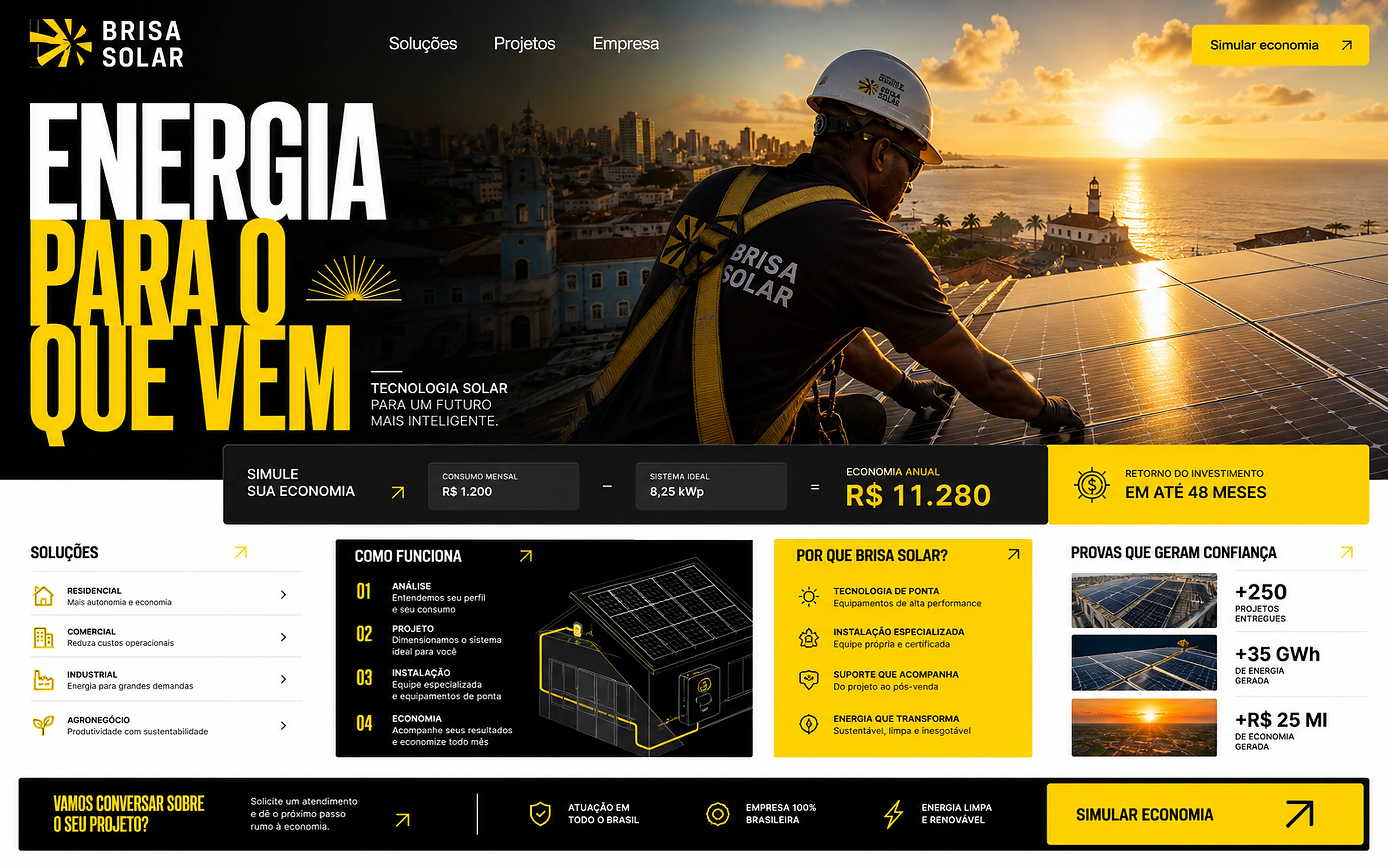 Conceito fictício de site para a Brisa Solar, com instalação em destaque, simulador de economia, soluções, processo técnico e elementos de confiança.