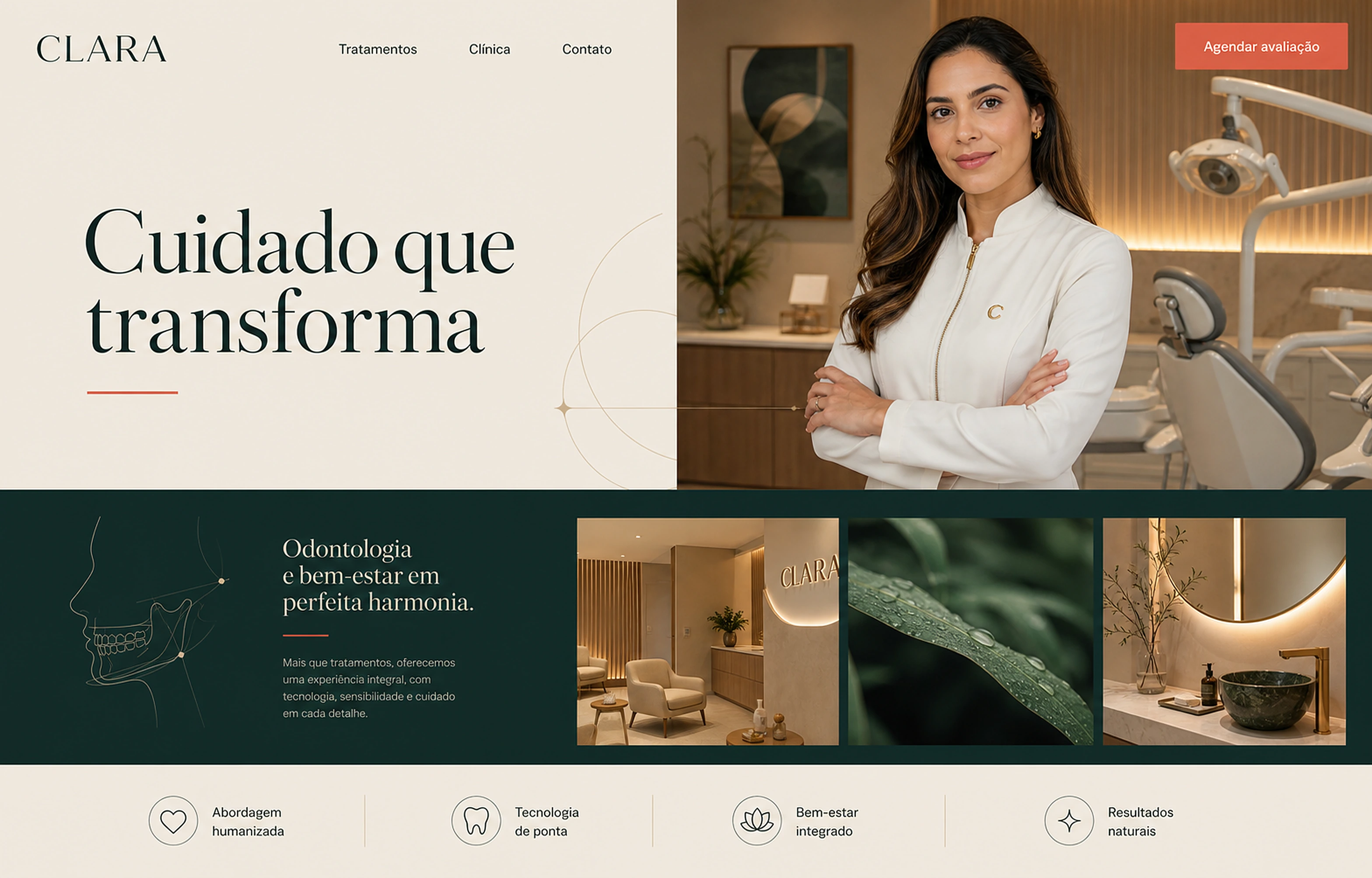 Conceito fictício de site para a Clara Odontologia, com abertura editorial, retrato profissional, ambientes da clínica, diferenciais e chamada para agendamento.