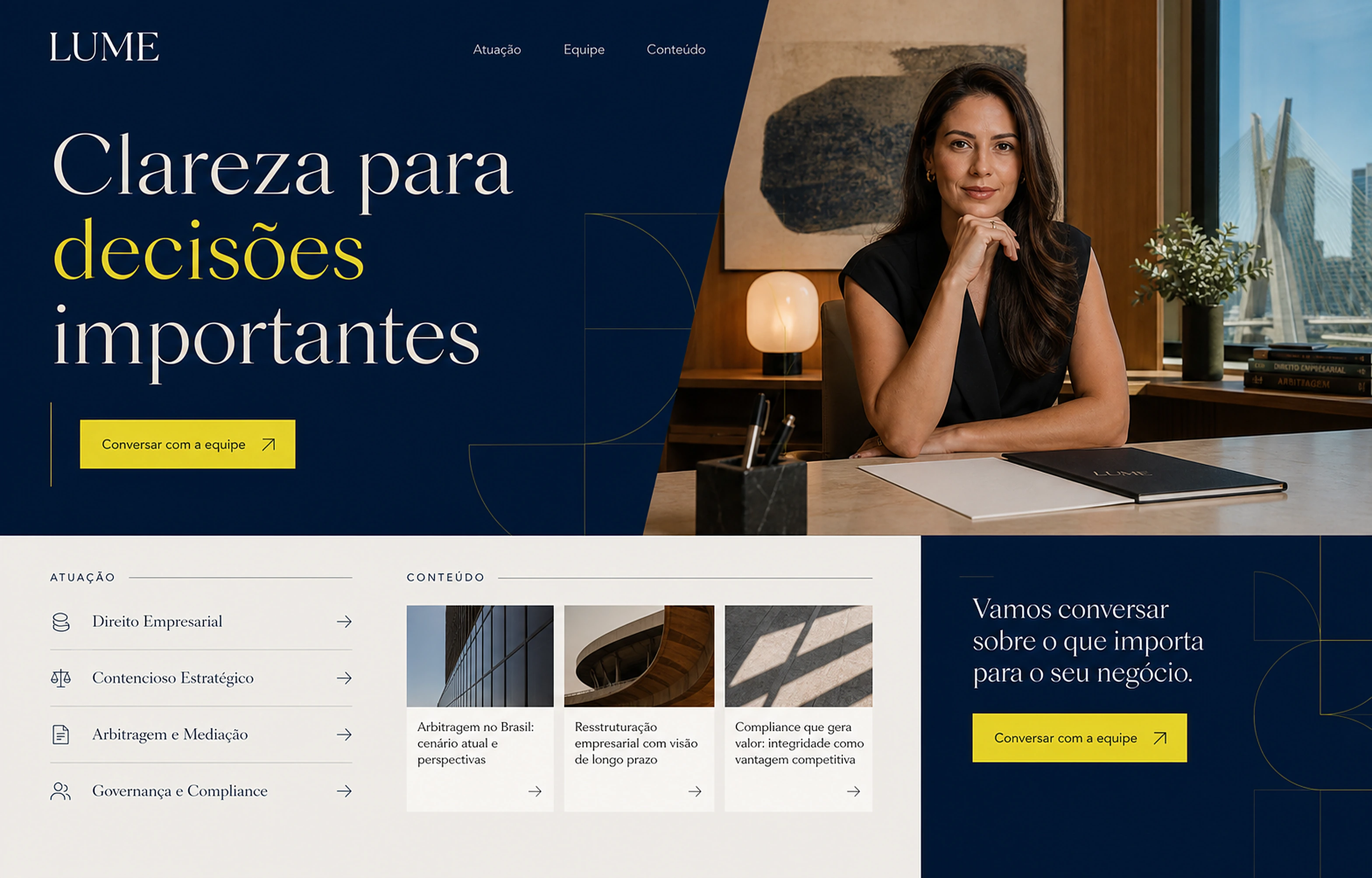 Conceito fictício de site para a Lume Advocacia, com posicionamento editorial, retrato profissional, áreas de atuação, conteúdo e chamada para conversa.