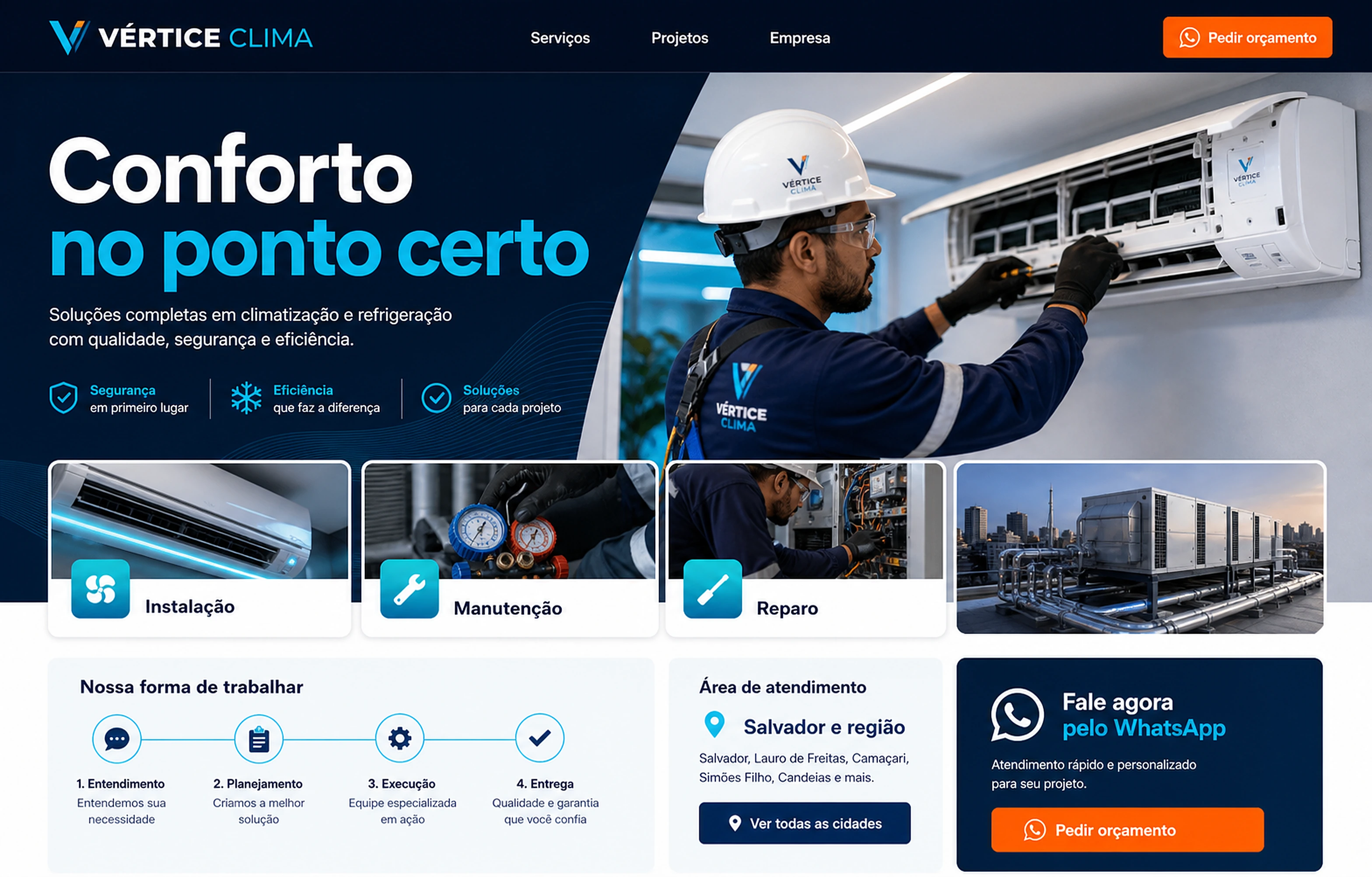 Conceito fictício de site para a Vértice Clima, com técnico em atendimento, serviços de instalação, manutenção e reparo, processo, área atendida e orçamento.
