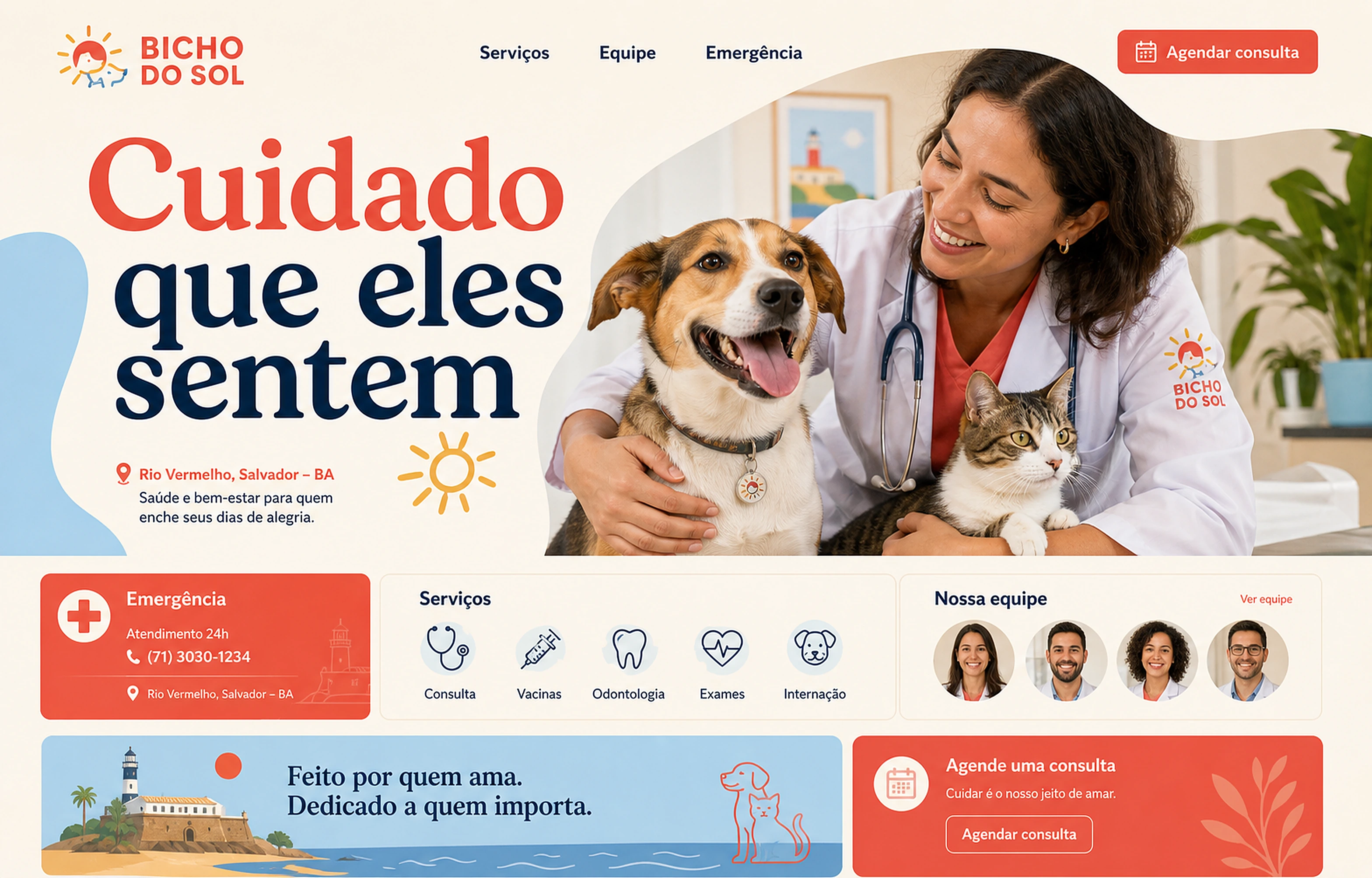 Conceito fictício de site para a clínica veterinária Bicho do Sol, com médica veterinária, animais, emergência, serviços, equipe e agendamento.