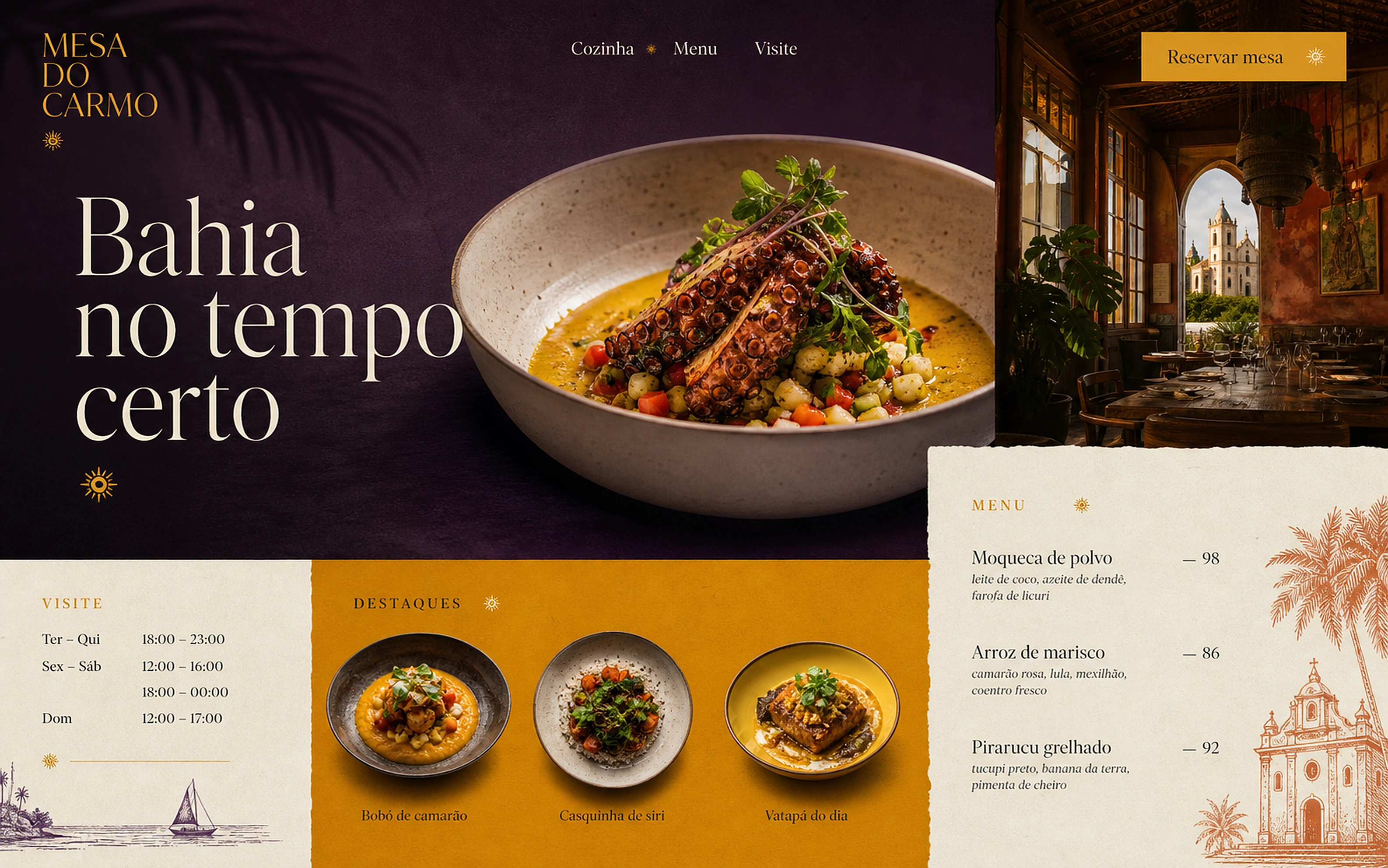 Conceito fictício de site para o restaurante Mesa do Carmo, com prato em destaque, ambiente, horários, menu e chamada para reserva.