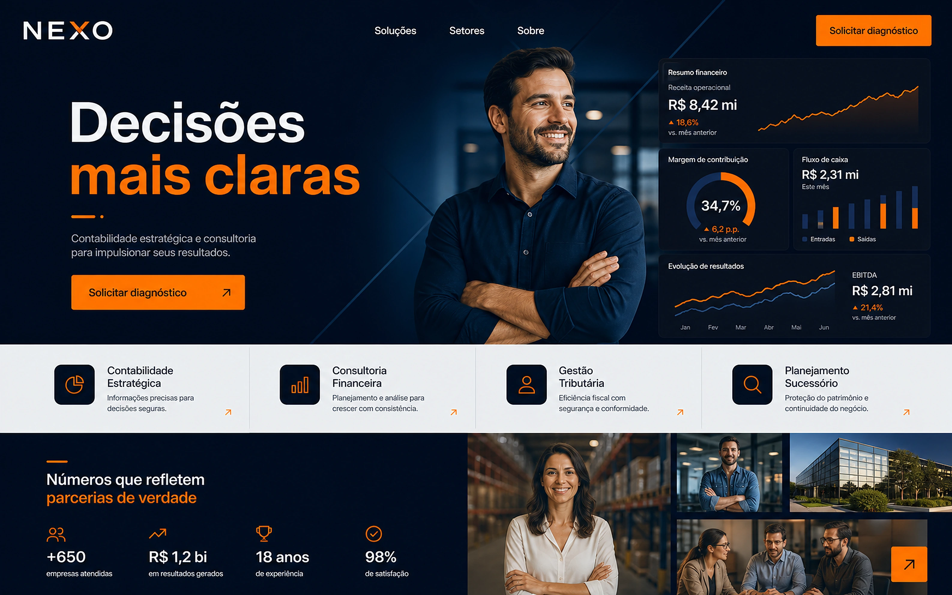 Conceito fictício de site para a Nexo Contábil, com proposta de valor, painel de indicadores, serviços e chamada para diagnóstico.