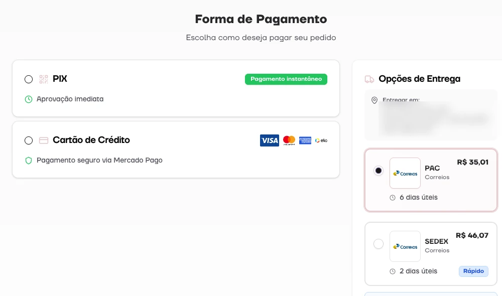 Checkout in the online store we built for MISSHA Brasil: Pix, card through Mercado Pago and the Correios shipping cost calculated on the spot.