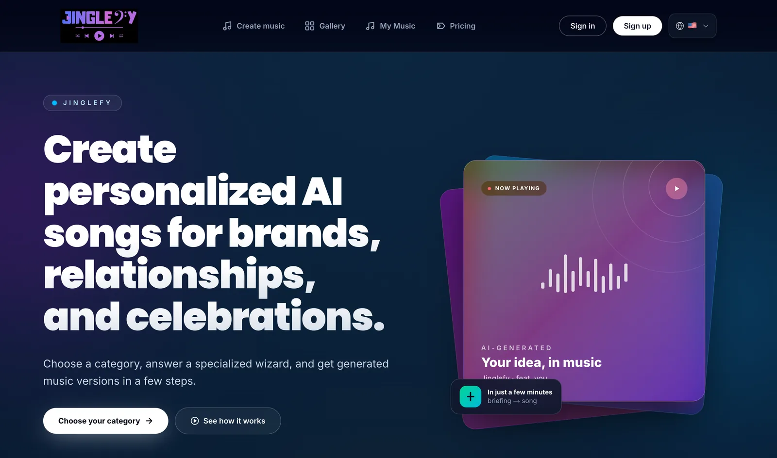 The Jinglefy home page, our own AI jingle platform.